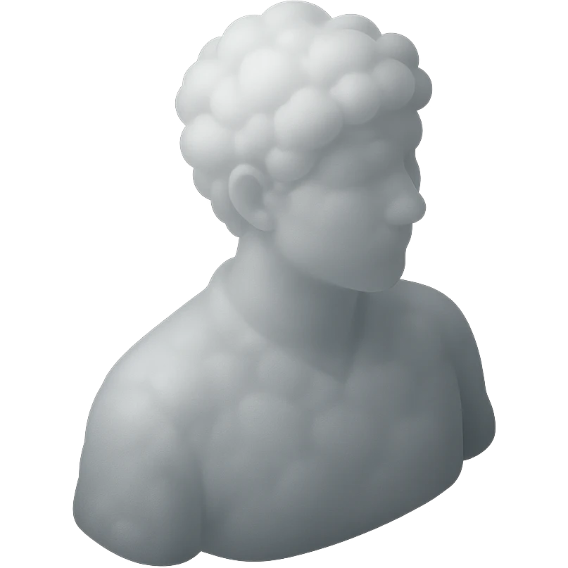 a person turned exactly, fully composed of white fluffy convex clouds up to the shoulders, matte glass style emoji