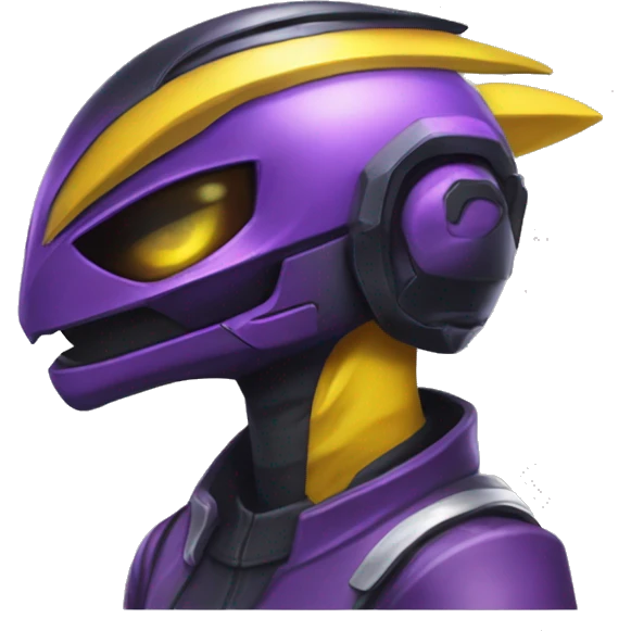 a shiny black-purple-yellow Genesect-Raptor-Fakémon—hybrid with a futuristic visor-helmet full bod emoji