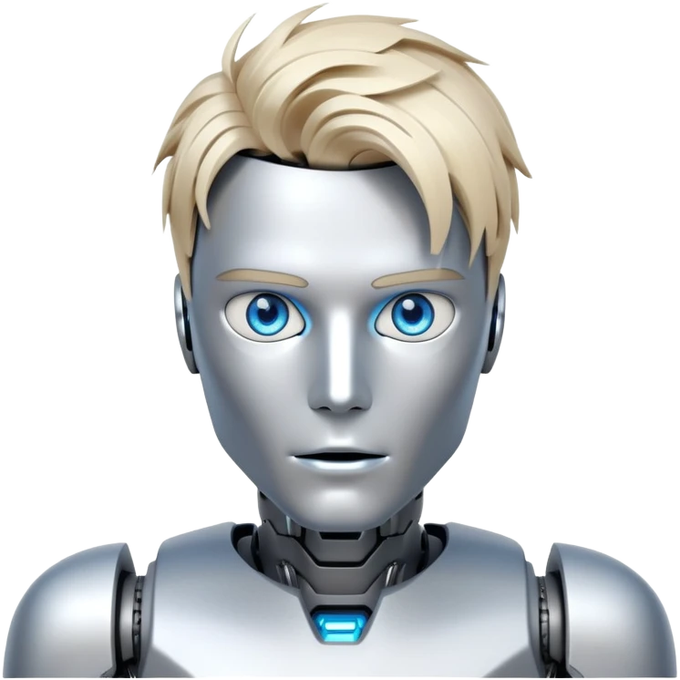Male humanoid robot with messy straight blond hair, metallic face, digital eyes, sharp jawline, futuristic emoji