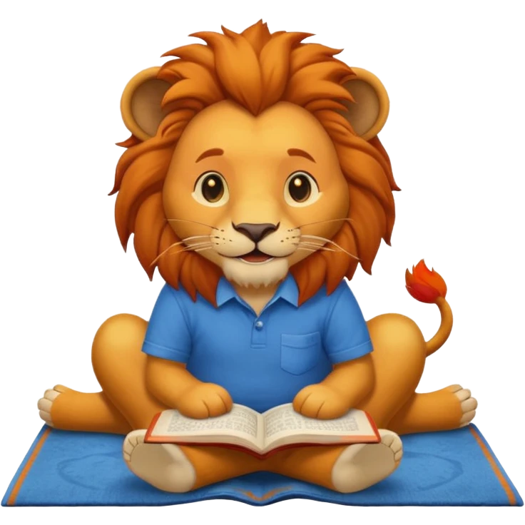 Happy lion reading  on a carpet with blue shirt on emoji
