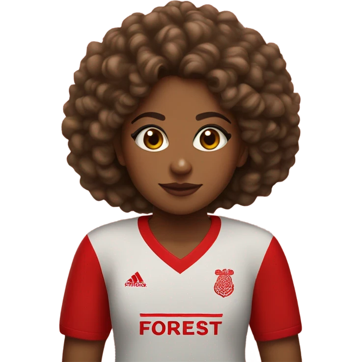 Brown girl with curly hair wearing a Nottingham Forest shirt  emoji