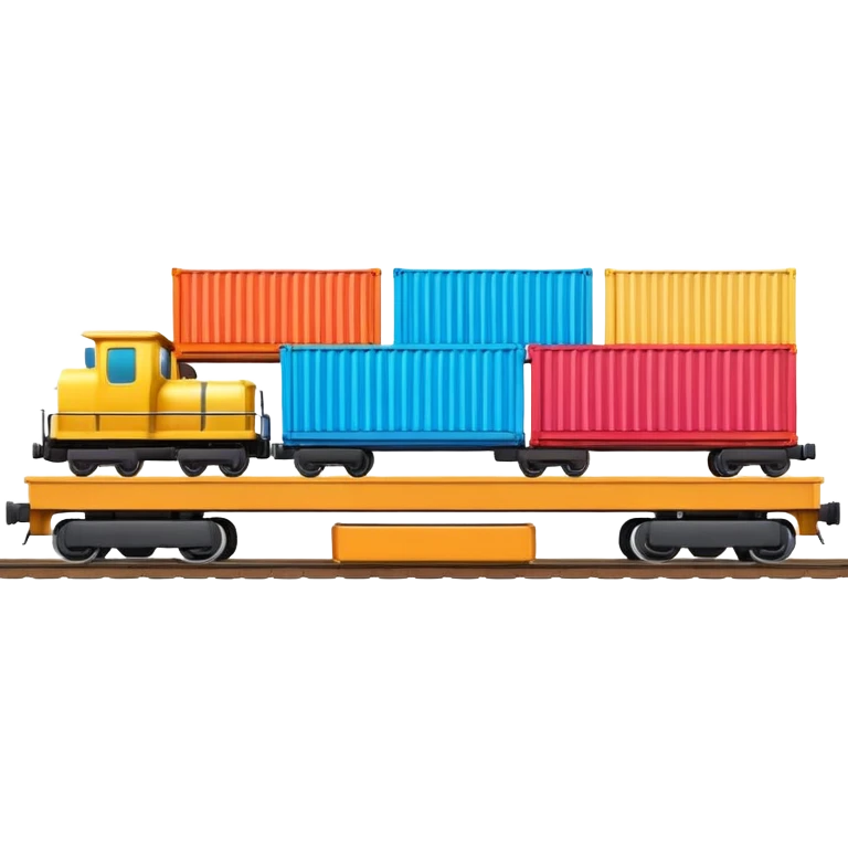 A 3D cartoon cargo train with colorful containers on flatbed cars, industrial background, Memoji-style realism. emoji