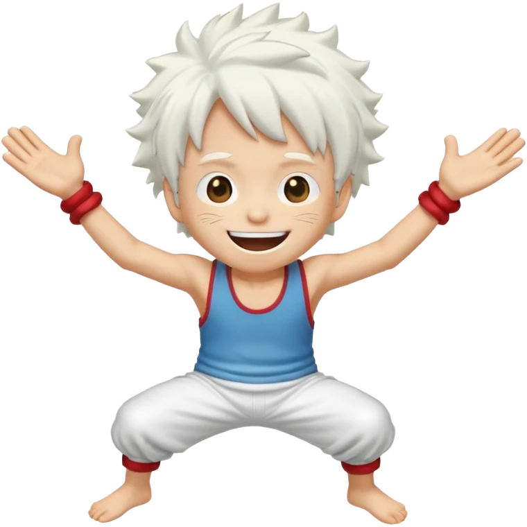 a joyful cartoon-style emoji of Luffy as a laughing character with wild, fluffy white hair, and a glowing white outfit. The character should have a big open smile, one hand on its face in laughter , and be in a dynamic mid-air pose with bent legs, as if carefree and floating. emoji