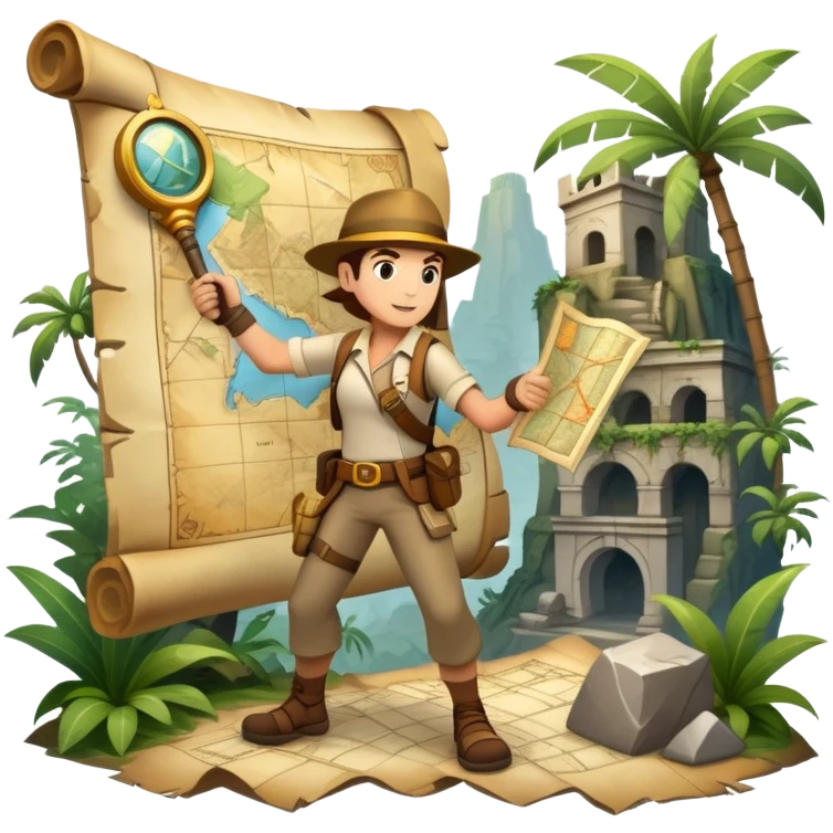 An icon featuring an adventurer in a dynamic action pose with treasure map, ancient ruins and jungle landscapes in the background. The design includes clues, hidden passages and climbing gear, symbolizing the thrill of exploration and discovery. Transparent background. emoji