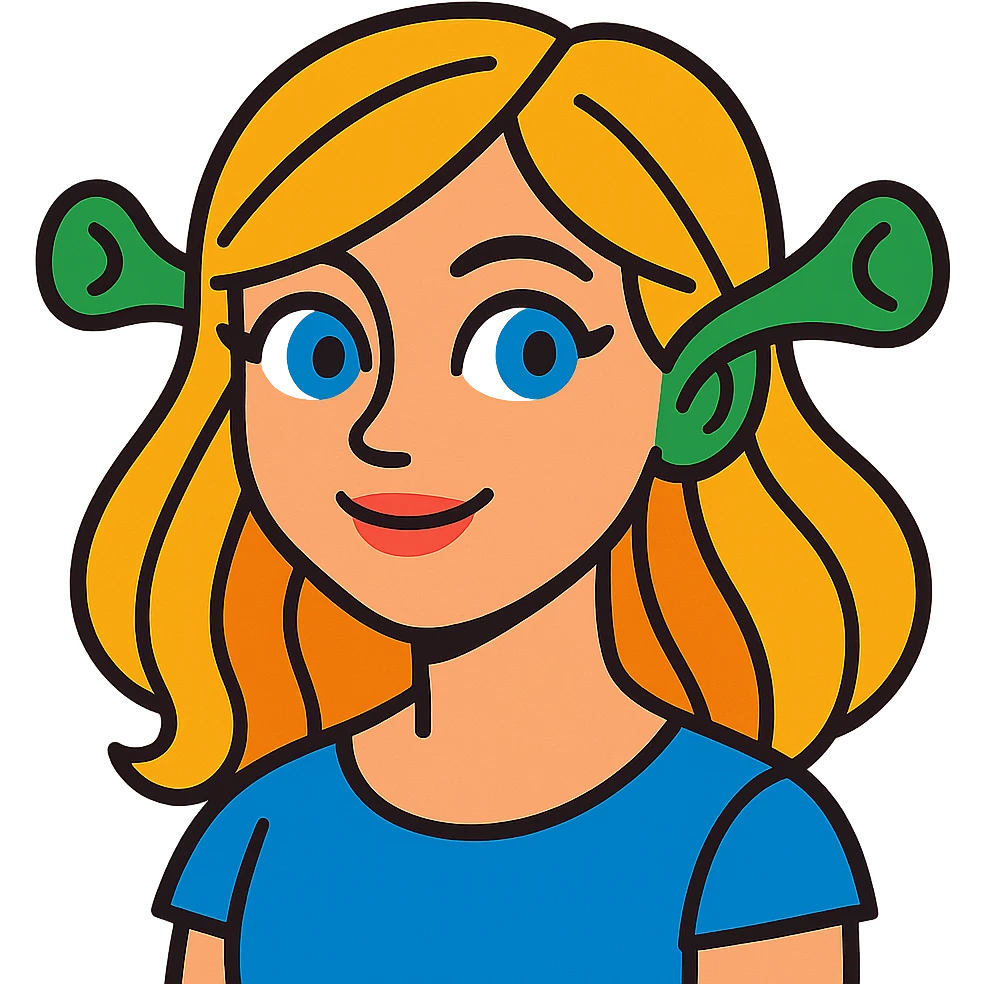 pretty girl with blonde hair, blue eyes, green ogre ears in vibrant toon style emoji
