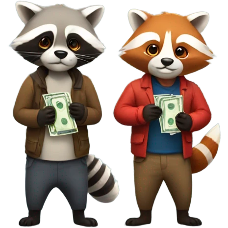 1 raccoon and 1 red panda each holding a bag of cash emoji