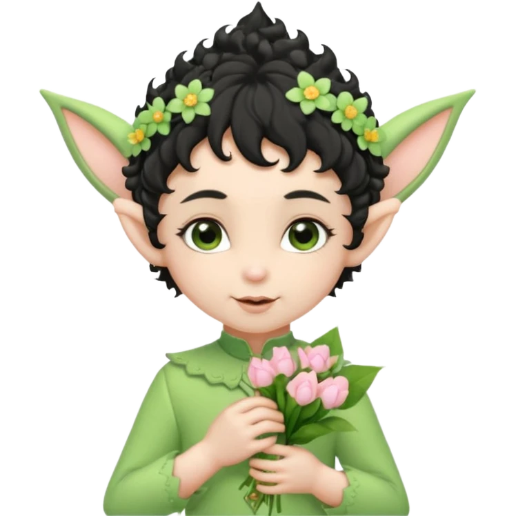Tiny elf baby black curly hair with pointy ears and hat, pastel green outfit, hold flowers emoji