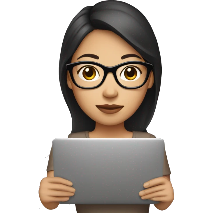 Brunette Asian girl with laptop, coffee, bow, glasses emoji