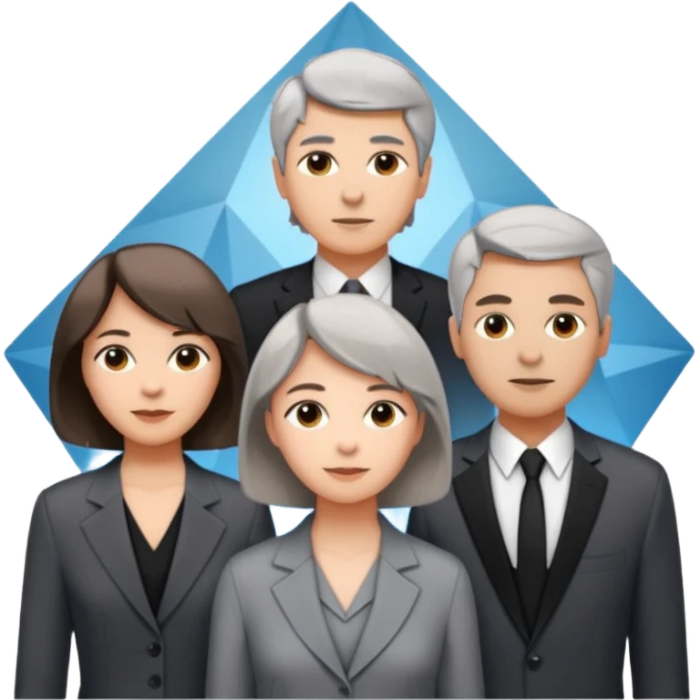 Three designers are standing in a triangular formation. The older woman with short hair is in the middle, and the other two, a young woman with medium-length hair and a man, are below her. emoji