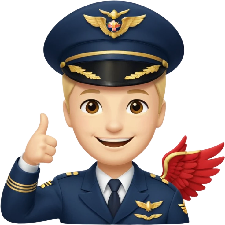 Slack-style emoji of a pilot wearing a slightly tilted navy captain hat with gold wings, giving a thumbs-up, big cheerful smile, eyes closed or happy squint emoji