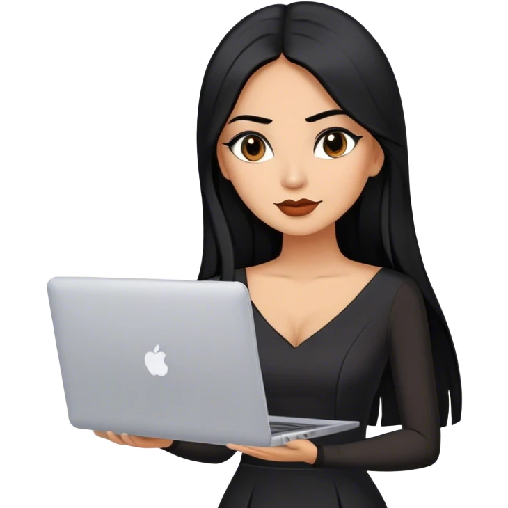 beautiful woman boss, with long straight black hair, with make up, black eye liner, little smile, mexican, brown skin, with laptop, wearing litlle black dress, she stand up emoji