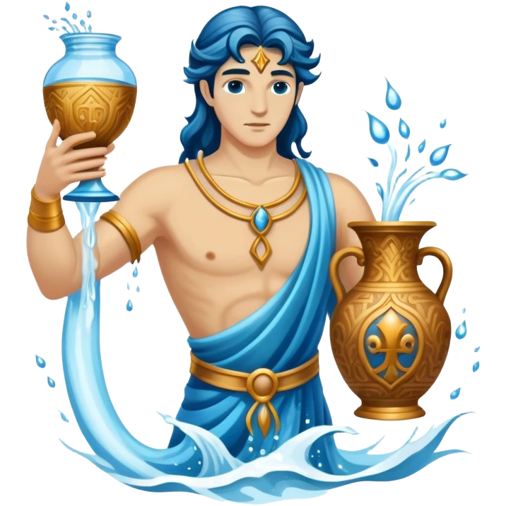 The zodiac symbol Aquarius. A mystical and beautiful water bearer, holding and pouring water into the sea from a large, intricate, and arcane vase emoji