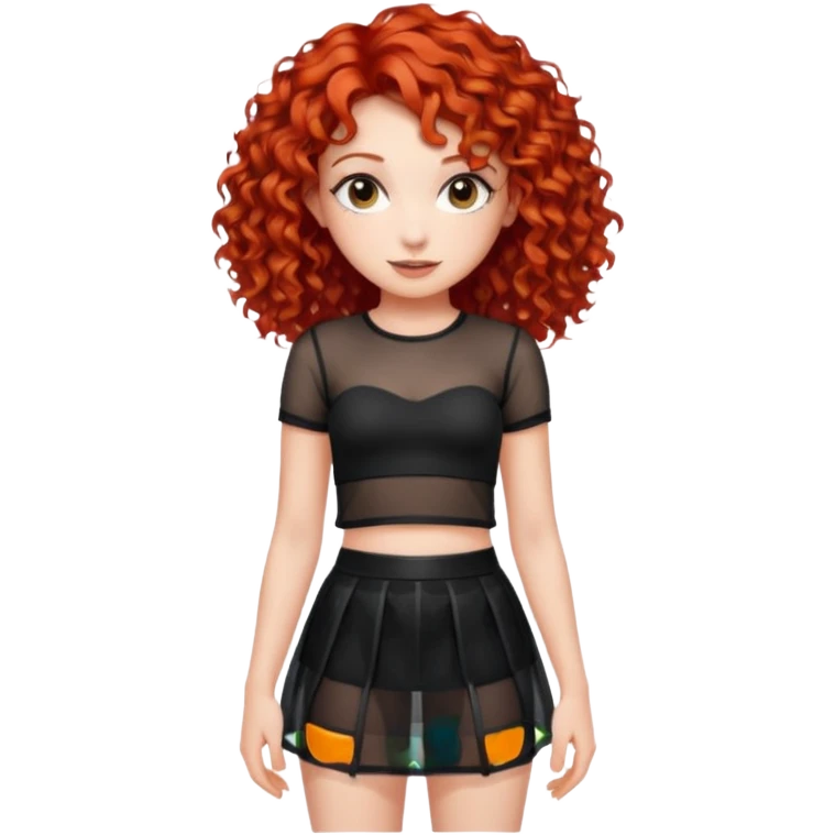 Naked red curly haired girl with very large big boobs and cleavage.  Thin waist and wide sexy hips.  Completely naked but wearing a see-thru black mesh very short mini-skirt emoji