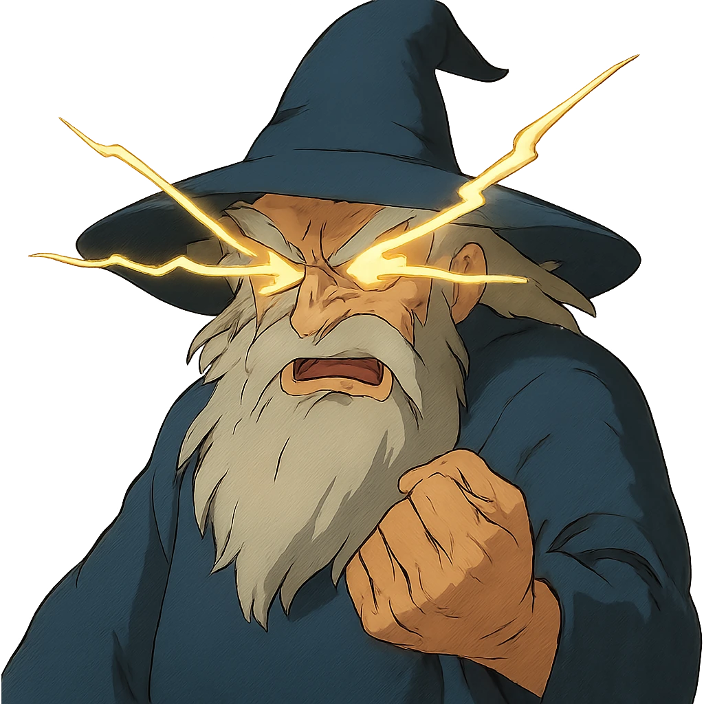 ghibli style angry wizard with lightning eyes and a balled up fist emoji
