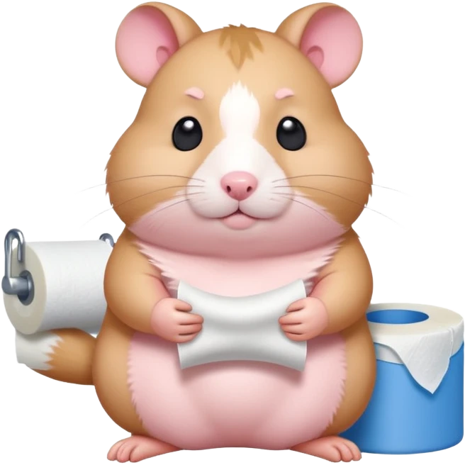 Cute chubby cartoon-style hamster sitting on toilet holding toilet paper looking as if he had an accident, sticker-style illustration emoji