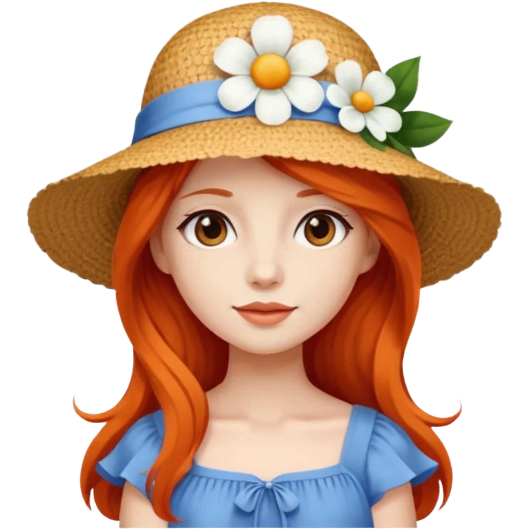 girl_wearing_summer_hat, white flower on hat, red orrange long hair, blue dress emoji