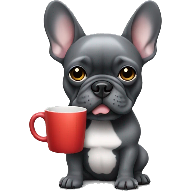 dark grey french bulldog holding a mug emoji