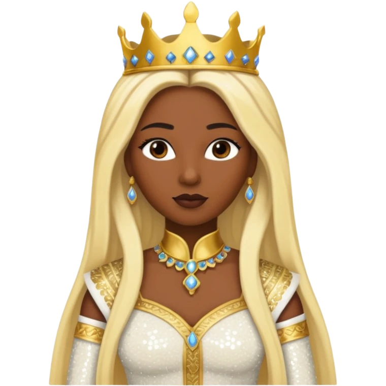 Queen of Sheba from The Bible with dark skin, long blonde hair, ivory sequin outfit emoji