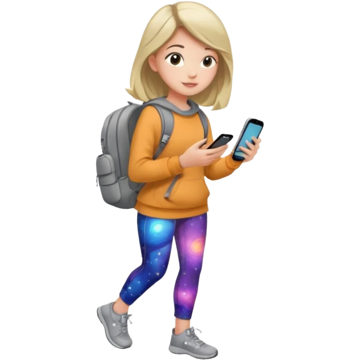 girl with cosmic-print leggings, sweatshirt, backpack, and phone emoji