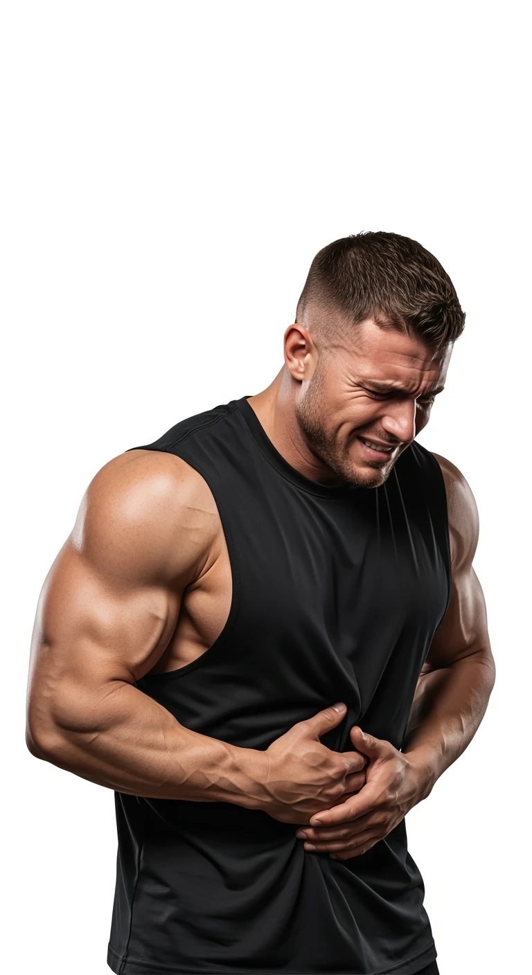 BODYBUILDER CHE SI INDICA I FIANCHI CON ESPRESSIONE AFFLITTA, ISOLATO SU SFONDO BIANCO, IPERREALISTICI 4K emoji