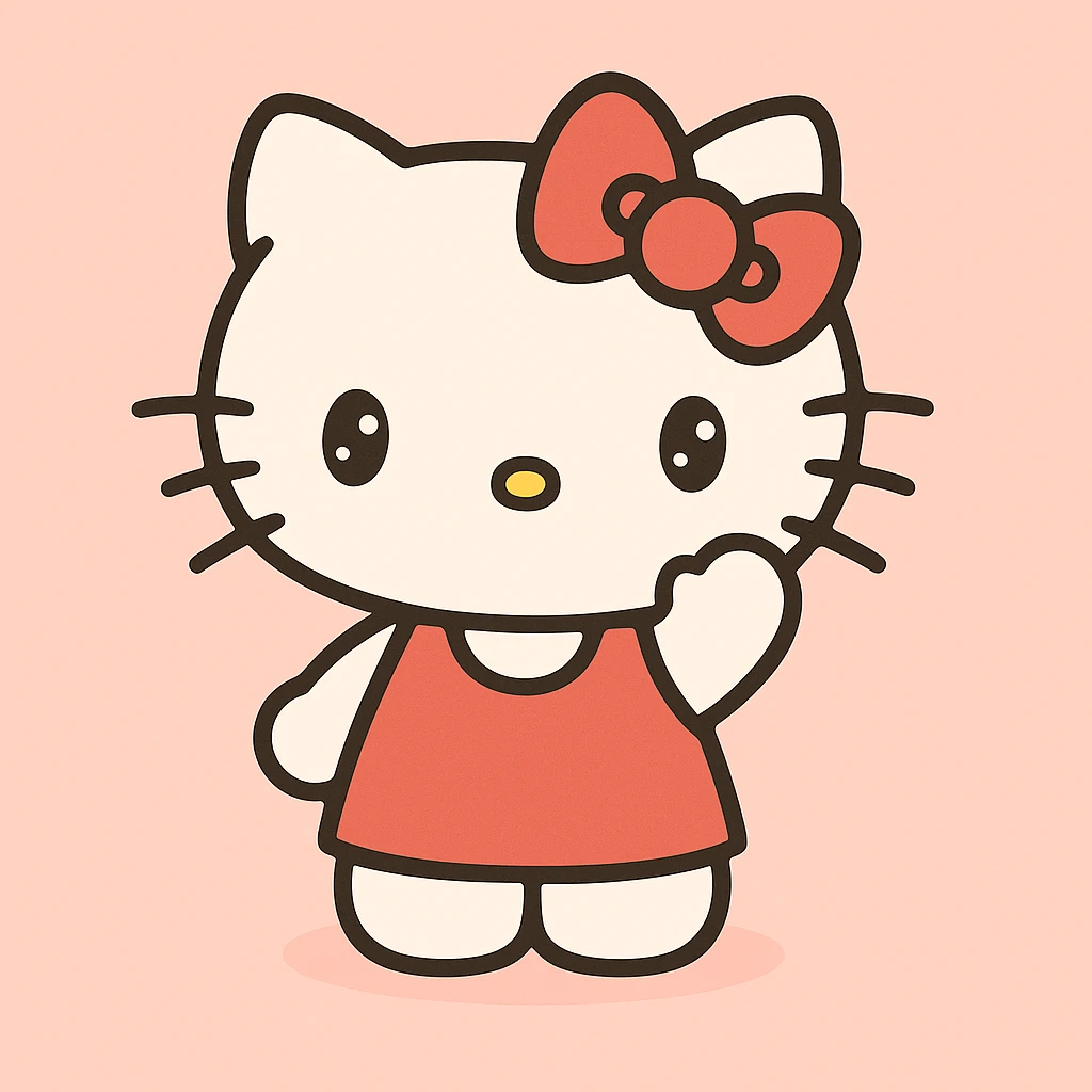 Make Hello Kitty wave, classic cute style, white cat with red bow, simple background, keep the classic cute look emoji