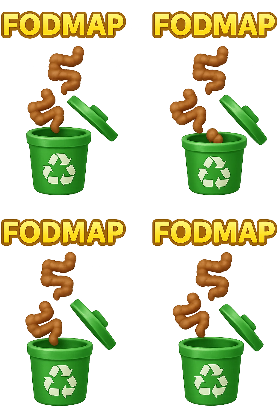 cinque scritte piccole "FODMAP" e piccoli pezzi di colon cadono in un secchio della spazzura con simbolo "recycle" sopra, stile emoji iphone, iperrealistico 4k emoji