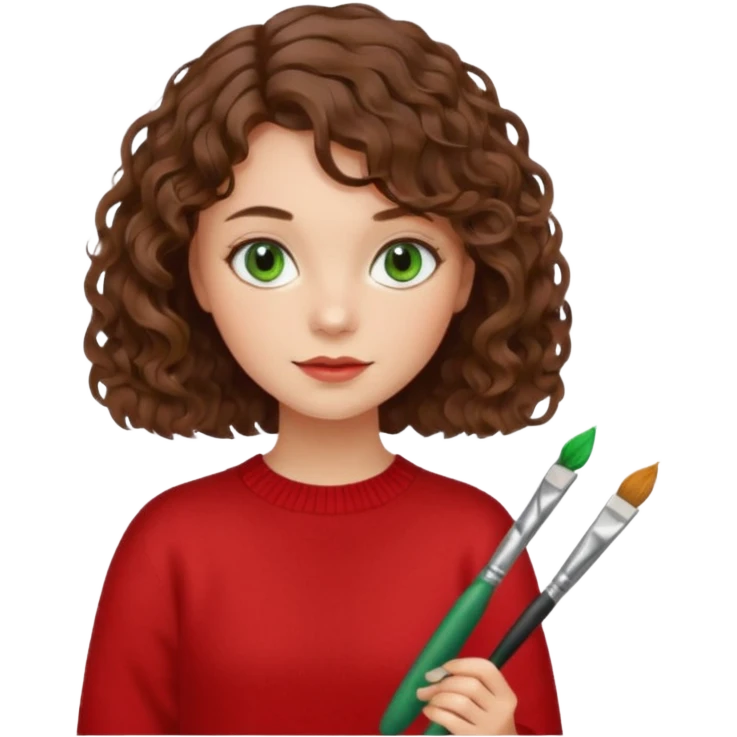 Девушка художник с кистью и палитрой  кудрявые коричневые волосы  стрижка каре Волосы средней длины зеленые глаза белая кожа красная кофта emoji