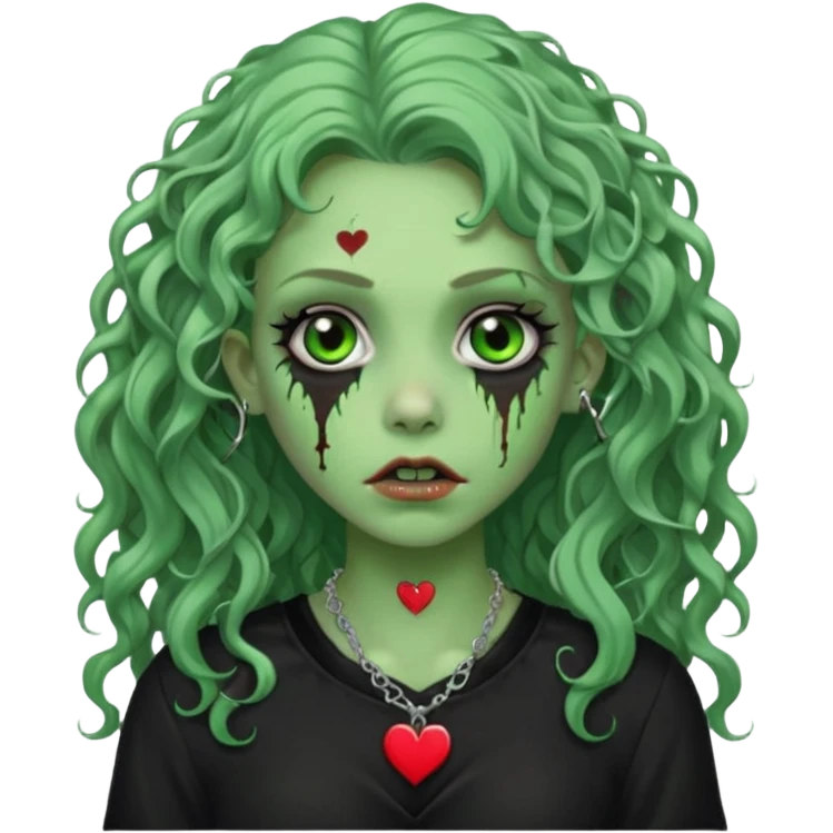 a green zombie girl with a scar on her face, long curly hair, wearing a black blouse and a silver necklace with a heart pendant downcast eyes and eyeliner emoji