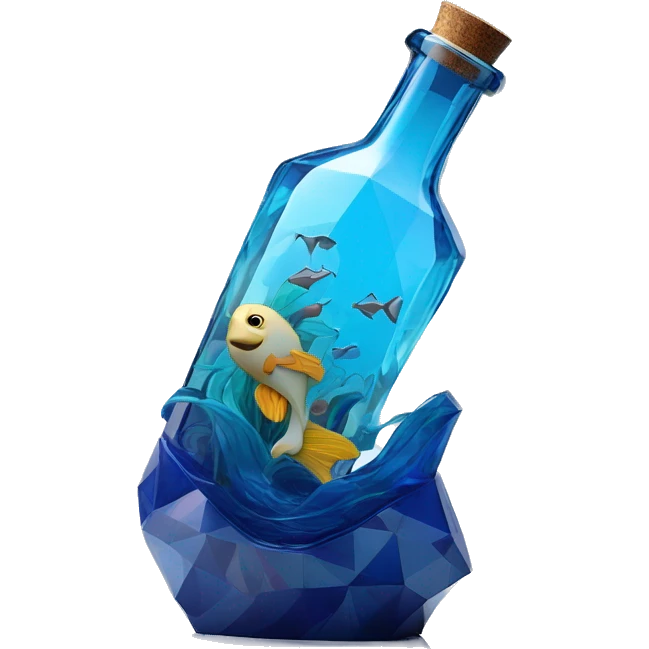 symbolic ocean in a bottle sculpture symbolizing Pisces with a geometric, faceted design. The bottle is standing upright with angular and baroque features. The vibrant deep blue waves colors highlights the sharp edges and planes.  emoji