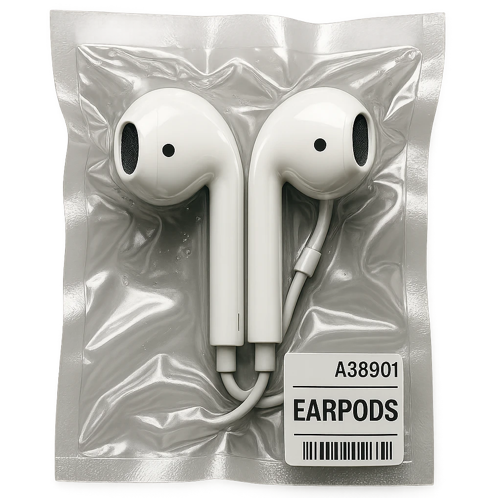 white EarPods viewed from above, glossy and puffy emoji
