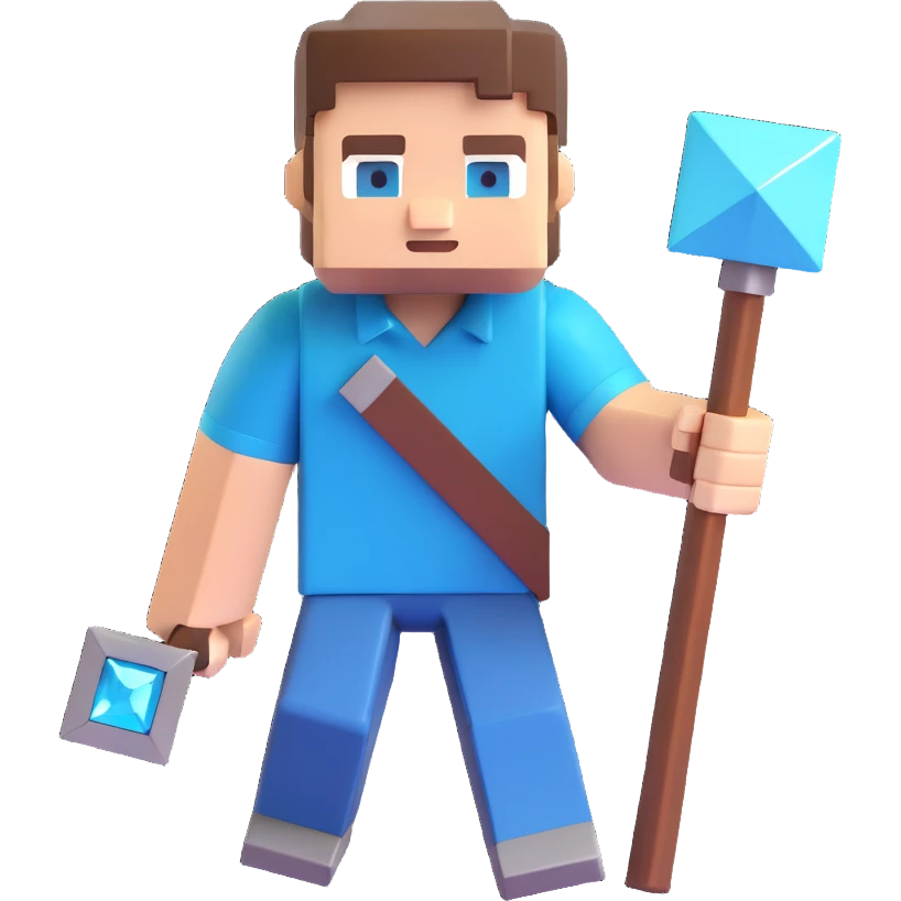 Minecraft Steve holding a diamond pickaxe, blocky style, cheerful expression, 3D emoji style emoji