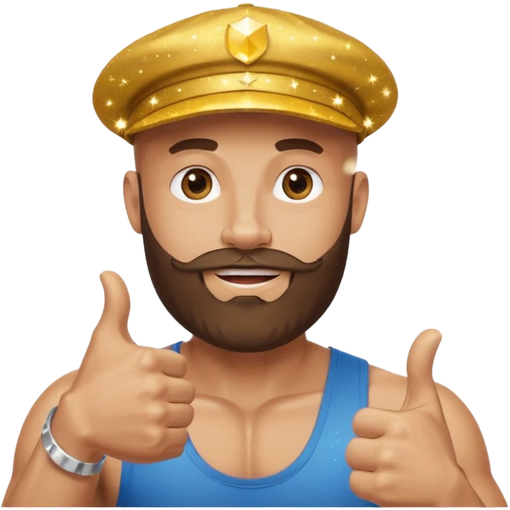 Bald bearded muscular man in cap giving thumbs up, Instagram logo, golden 500, sparkles, minimal emoji style emoji