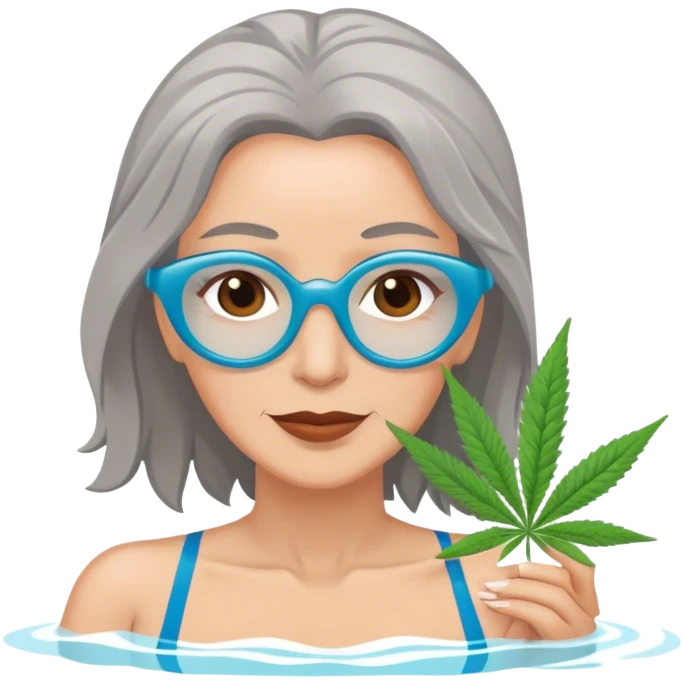 Middle aged, brown eyes, gray haired woman in a swimming pool with marijuna emoji