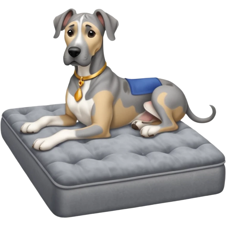 Gray Great Dane on king size mattress floppy ears emoji