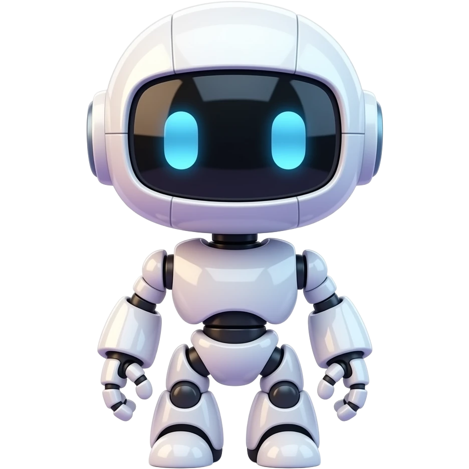 Cute AI robot same pose, Apple iPhone emoji style, glossy 3D, white + soft pastel purple, no neon, black glass face, blue eyes, soft shadows, premium clean lighting, transparent background emoji