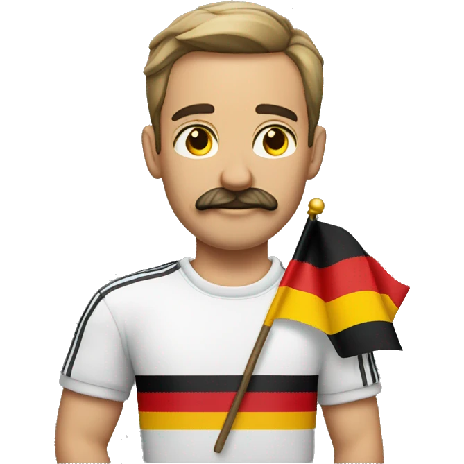 Guy standing at 45 degree angle with German flag on his shirt with his arm straight 45 degrees up and he has a mustache emoji
