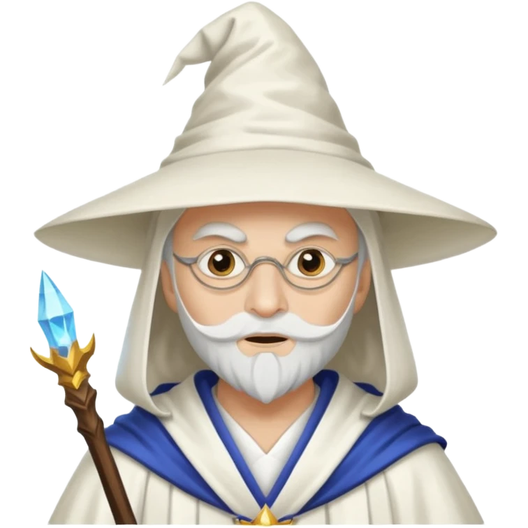 A wizard in white with white mask and pointy hat emoji