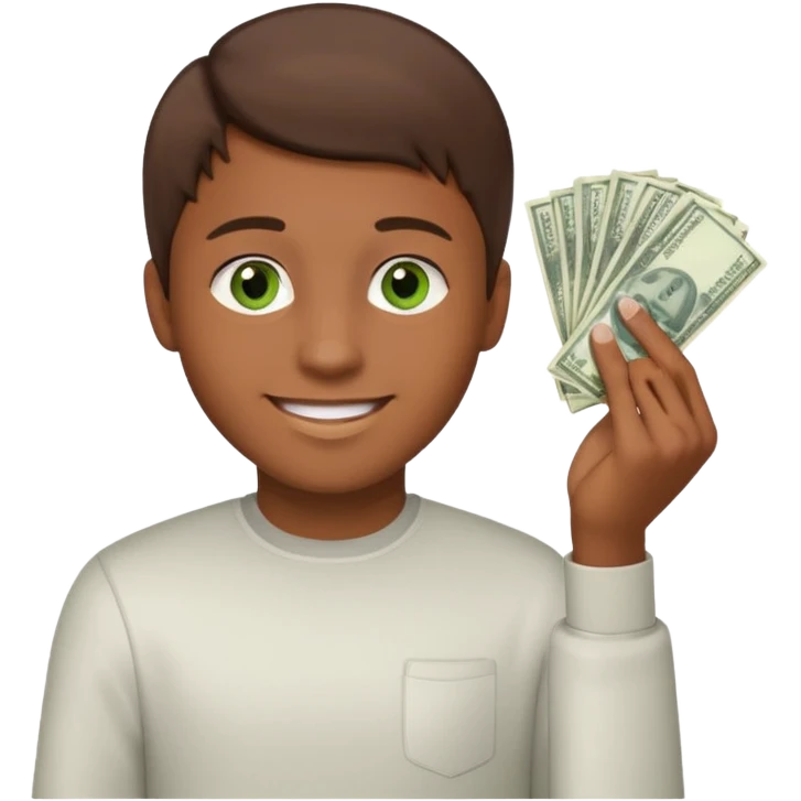 green eyes. handsome. young man. brown skin. brown hair. straight hair. short hair. white race. Holding money with his left hand emoji