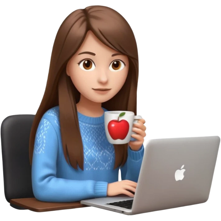young woman, 20 years old, long straight brown hair, wearing a sweater, holding a coffee cup and typing on a laptop, focused expression, 3D Apple emoji style emoji