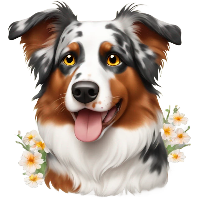 Red Merle Australian Shepard with flowers emoji