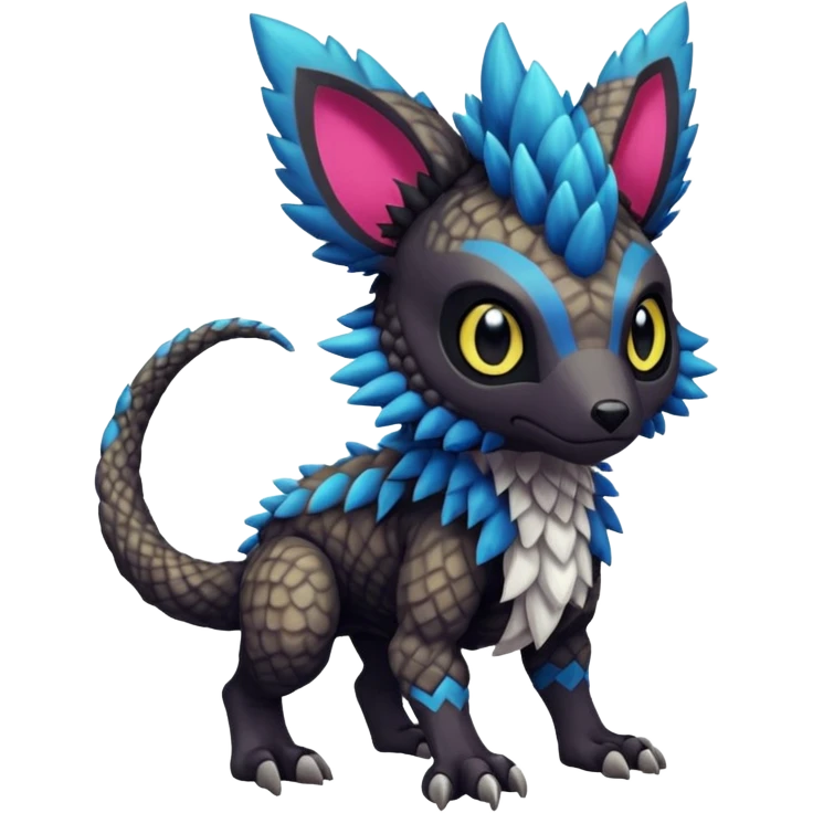 Cute cool realistic colorful exotic Trico-Wickerbeast-Protogen-Fakémon-Pokémon-Vernid-Fionbri-hybrid-creature dark (full body) emoji