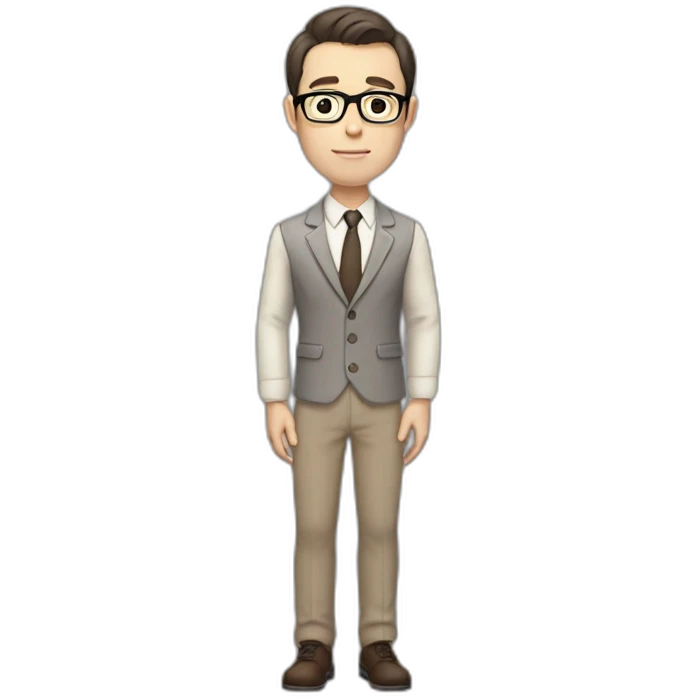Full height Pale skinned fit man with dark brown hair in gray jacket, beige office shirt, brown tie, brown pants and vintage glasses. His right hand stretched out emoji