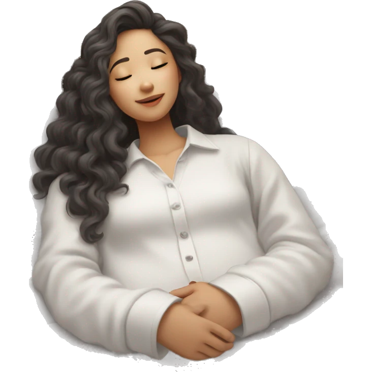 asian girl with curly long hair and white long sleeve shirt fall asleep on bed with one hand out emoji