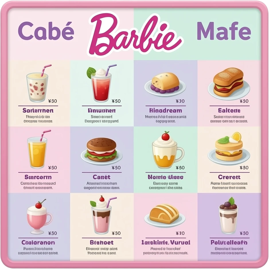 A Barbie-inspired pastel café menu board that includes a variety of items beyond cupcakes, featuring both food and drinks. Each menu item is given a unique name, along with its price and a short description emoji