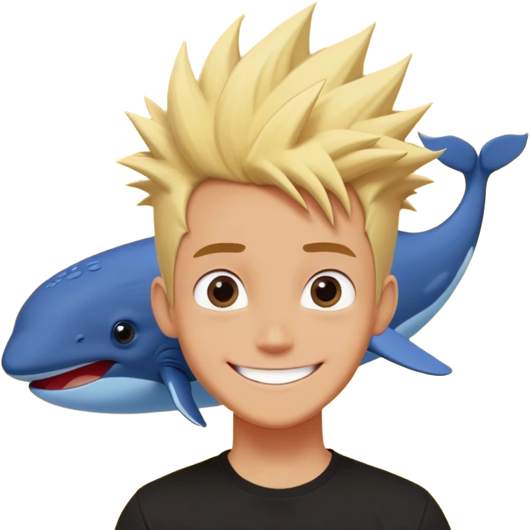 A cartoon-style drawing of a character with spiky blond hair, big eyes and a wide smile, wearing a black t-shirt with a red rectangle in the center, against a yellow background. Above the character's head is a large, fluffy blue whale, floating as if it is levitating or about to fall on him. The overall style of the image is colorful and fun, with clean lines and a touch of digital illustration. emoji