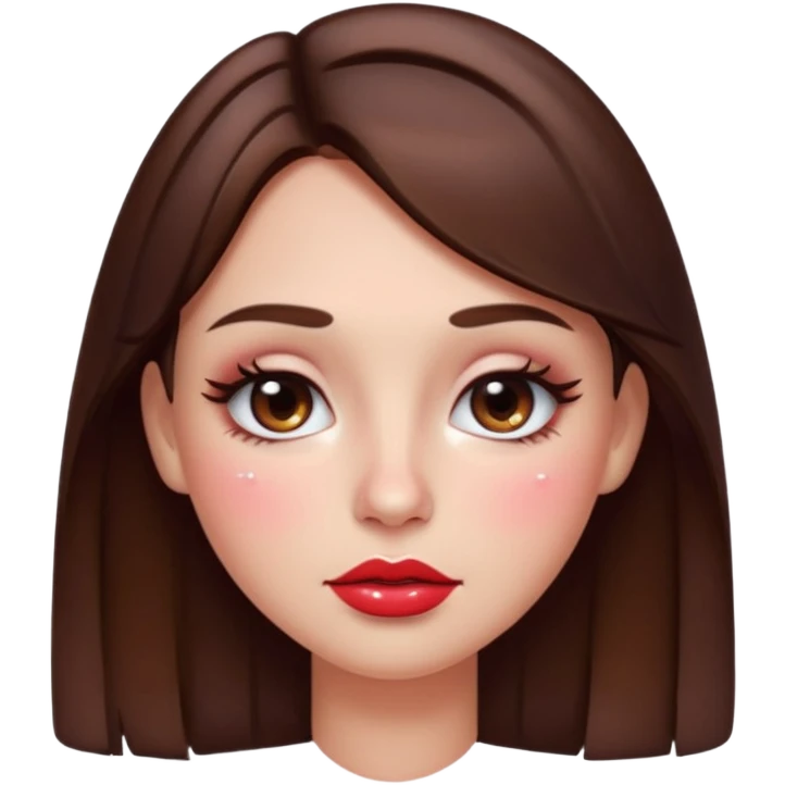 “Emoji brunette girl, dewy skin, heavy blush across cheeks and nose bridge, glossy cherry lips, soft eyeliner, teary sparkling eyes emoji