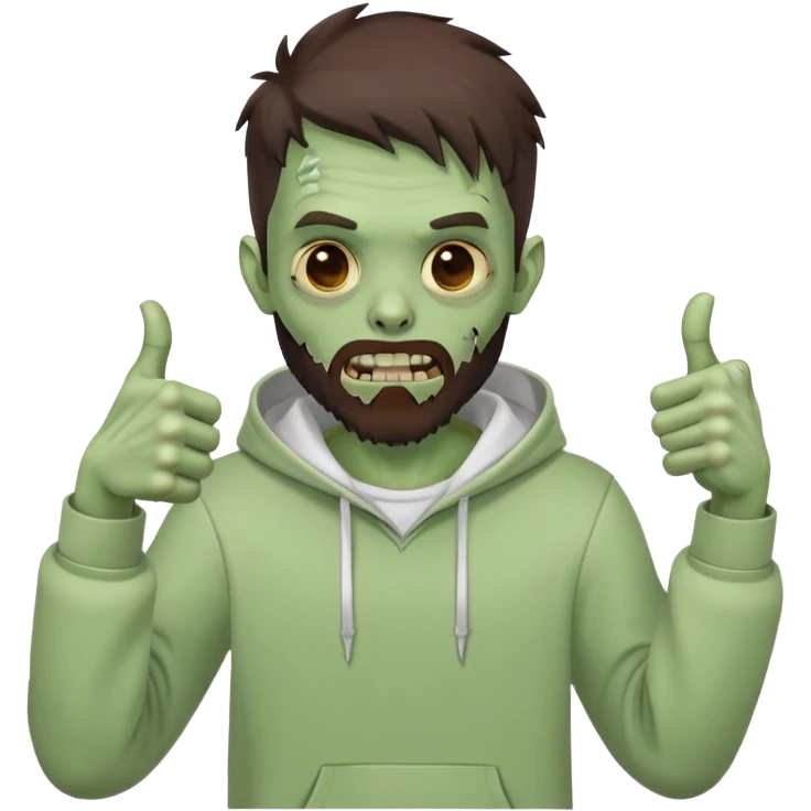 zombie with thumbs up gesture, undercut hairstyle with dark brown hair, short full beard, wearing plain white hoodie emoji
