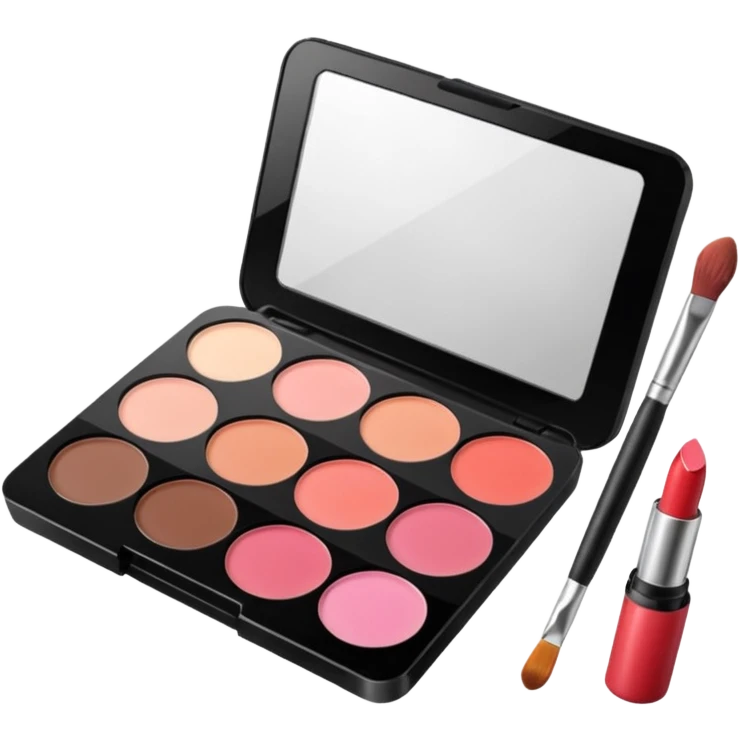cute array of makeup items including lipstick, blush, eyeshadow palette, and makeup brush in classic emoji style emoji