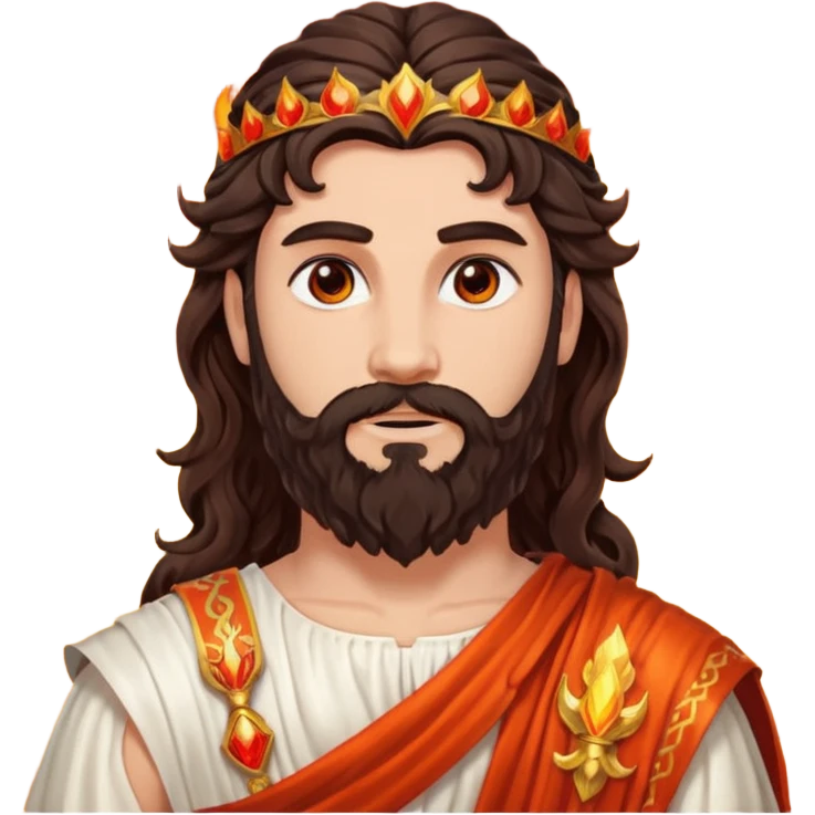 Vulcan, God of Fire from Roman Deities with long dark brown wavy hair and beard, red orange sequin toga  emoji