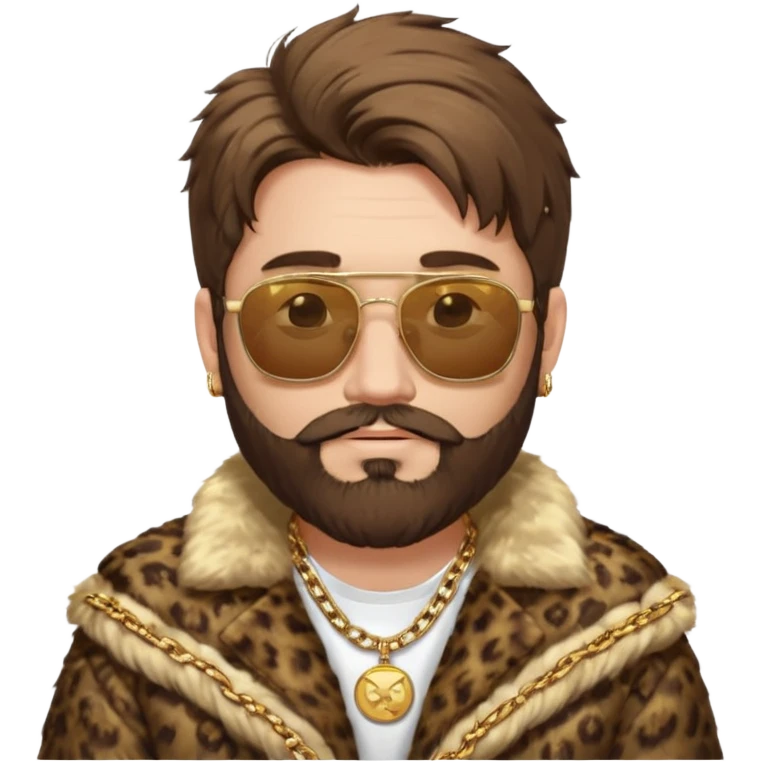 émoji blanc homme barbu, cheveux bruns collés au crane avec raie au milieu, grosses lunettes de soleil rectangulaires à grosse branches, gros bijoux en or (chaine, montre,) manteau de fourrure très fluffy sur les épaules sourire en coin, boucles d'oreilles emoji
